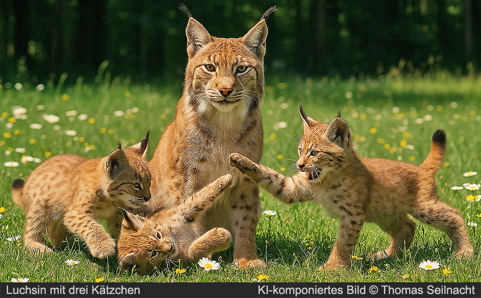 Luchsin mit drei Kätzchen