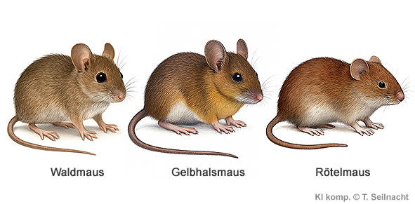 Waldmaus, Gelbhalsmaus und Rötelmaus im Vergleich