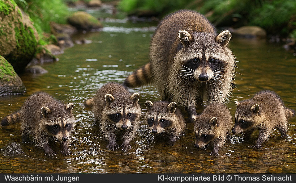 Waschbärin mit Jungen in einem Bach